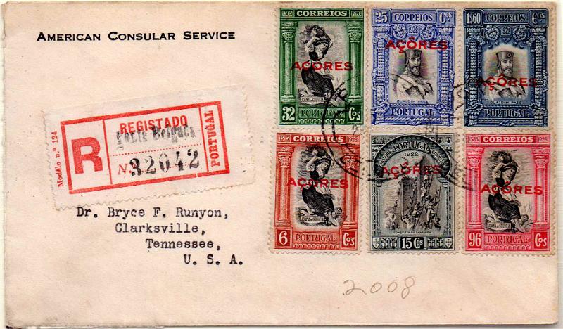 1363 f.jpg -     Lote:    1363 (frente)                   Descrição:         1925 &mdash; Independência de Portugal * 3.ª emissão. Selos do Continente com sobrecarga AÇORES. Sobrescrito circulado registado de Ponta Delgada (02.12.28) para os EUA (17.12.28) com selos de 6c, 15c, 25c, 32c, 96c e 1$60, CE270, 271, 273, 274, 278 e 280.        Carta       Valor Base:     &euro; 125,00     Valor Venda:     &euro;      